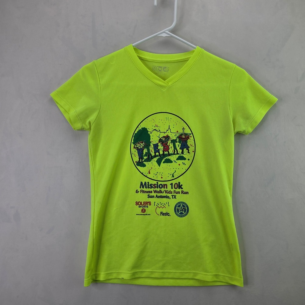 Solwear Mission 10k T-Shirt Womens Small Neon Green Good Athletic Running V-Neck